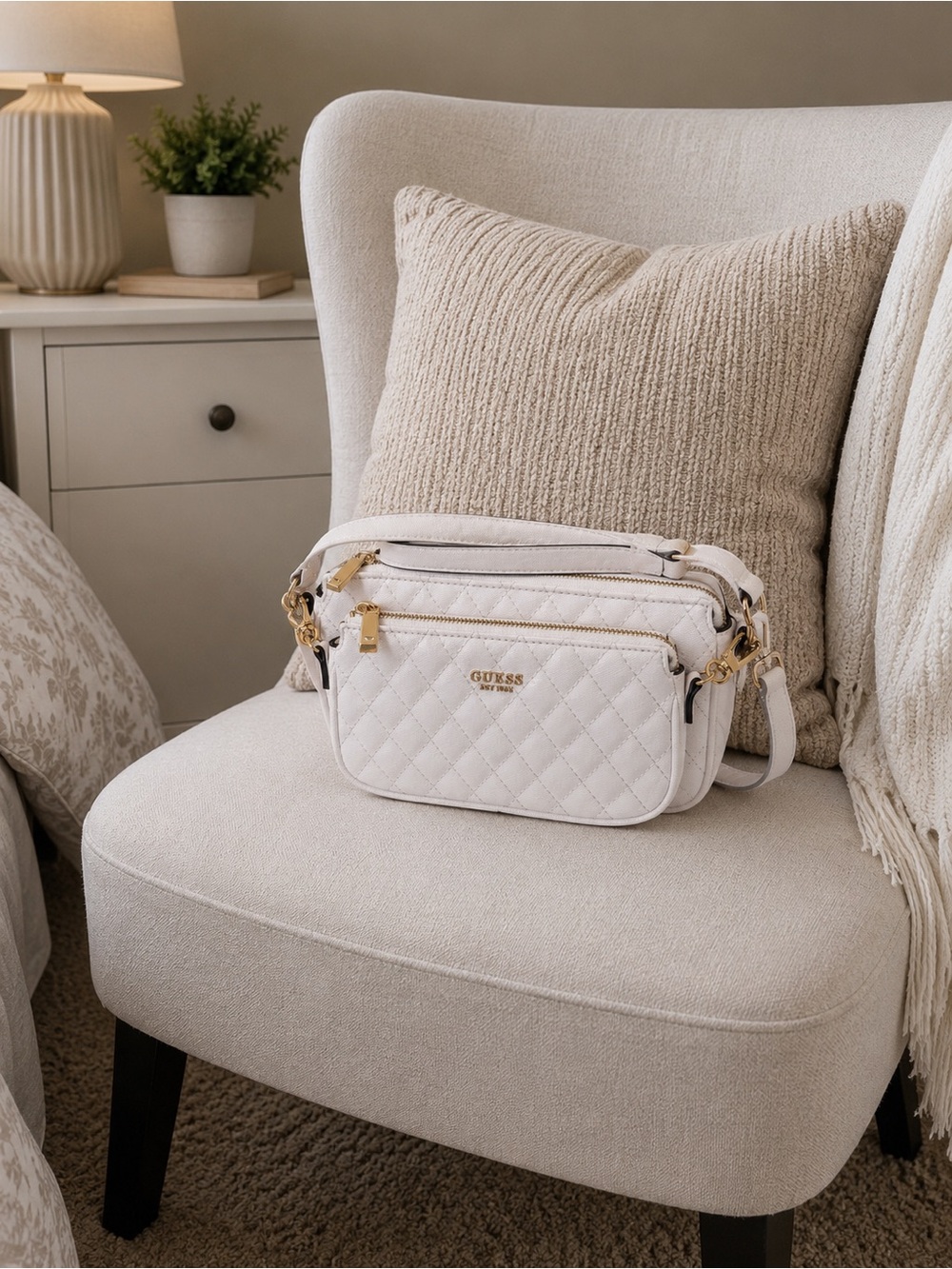 GUESS White Quilted Crossbody with Gold Accents